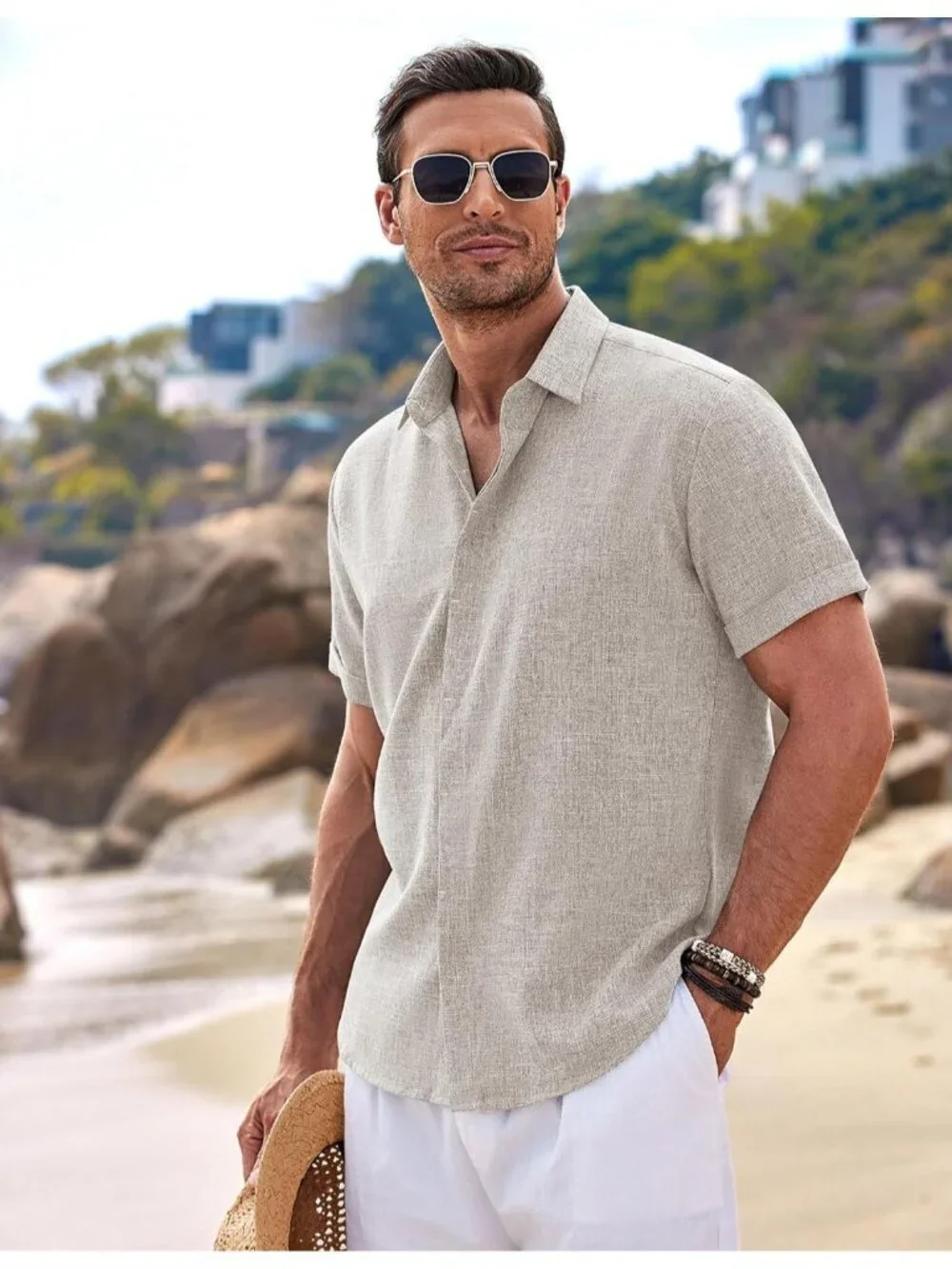 Men's Stone Beach Linen Short Sleeve Casual Wedding Shirts Button Down